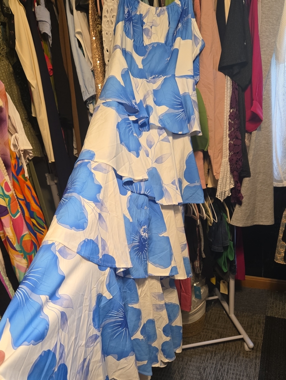 Blue and White Floral Tiered Maxi Dress